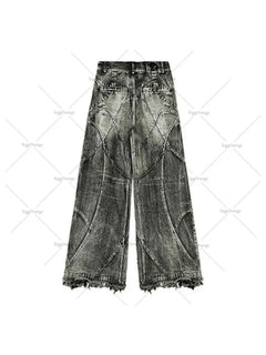 Y2k Fashion New American Tassel Black And Gray Washed Jeans Men Street Gothic Punk Style Teenagers Retro Loose Wide-leg Pants