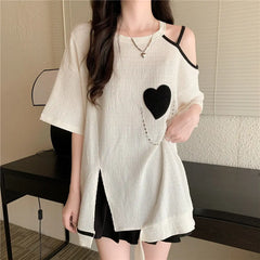 Women Clothing Korean Irregular Csual O-neck Short Sleeve T-Shirt Summer Fashion Strapless Loose Top Tee Female Casual Tops