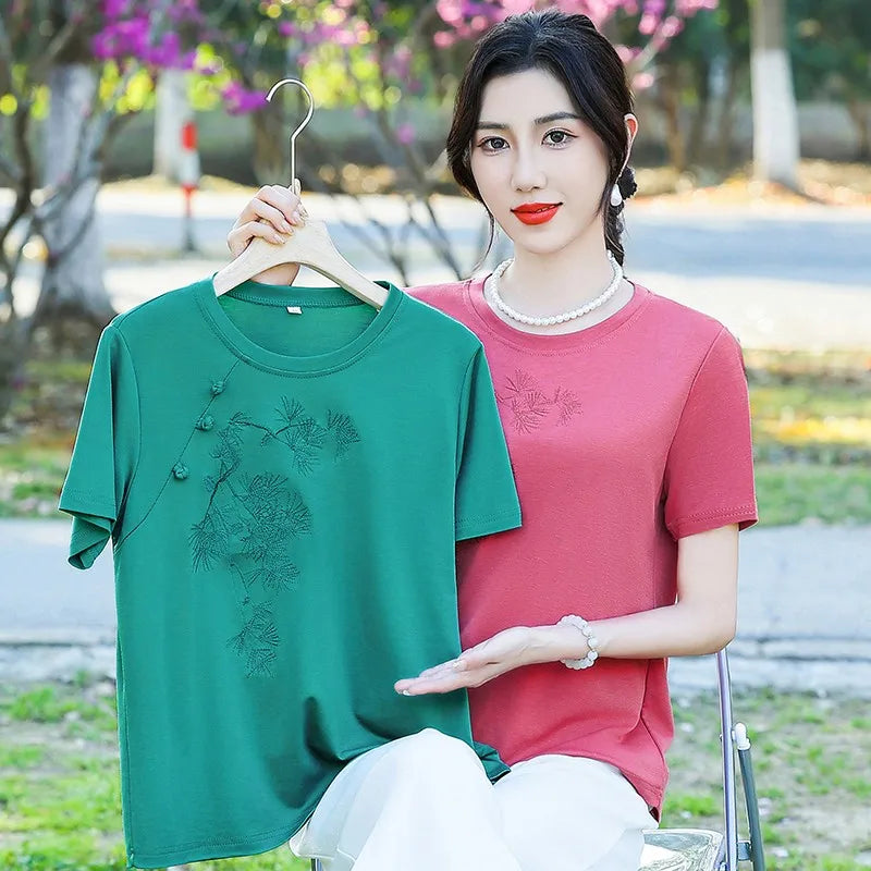 Women's T-shirt Summer Short Sleeve Loose Pullover Solid Vintage Round Neck Embroidery Printing Fashion Elegant Tops