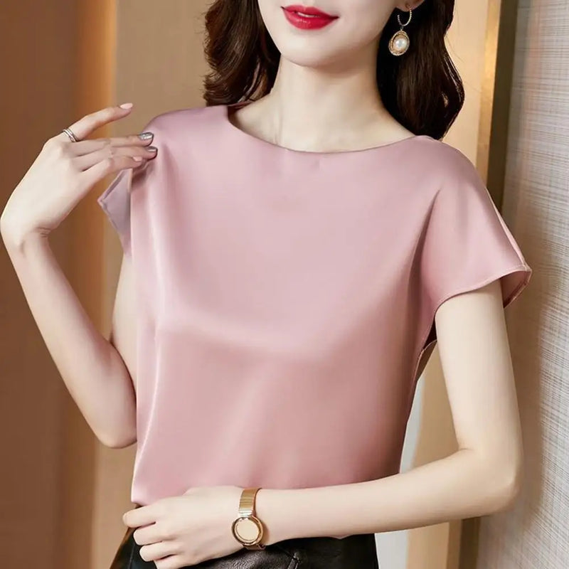 Women Summer Shirt Round Neck Short Sleeve Casual Tops Solid Color Loose Fit Smooth Fabric Pullover Tops Workwear