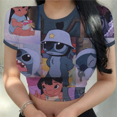 Slim Fit Female Clothing Party Women's T-shirt Print Kawaii Sexy Y2k Fashion T-shirts Cartoon Stitch Summer Tight Disney Tops 3D