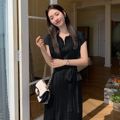 3 Colors Draped Spring Summer Women's Knitting Dresses with Belt Office Ladies Elegant Clothing Solid V-Neck Dress 2023 New