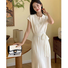 3 Colors Draped Spring Summer Women's Knitting Dresses with Belt Office Ladies Elegant Clothing Solid V-Neck Dress 2023 New