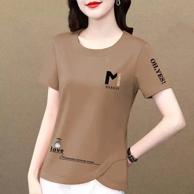 2023 New Summer Women's Clothing T-shirts Pure Cotton Solid Color Printing Short Sleeve Loose Slim Versatile Round Neck Tops