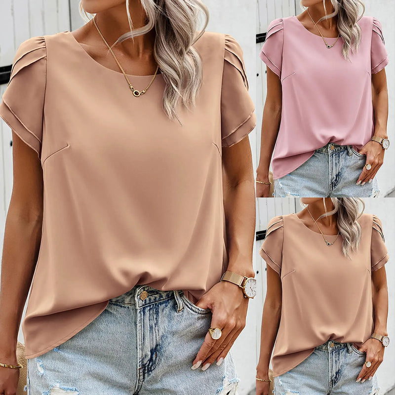 Shirts & Blouses Womens Tops Summer Casual Dressy Crew Neck Loose Ruffle Short Sleeve Blouses Work Blusa Mujer Tendencia 2024