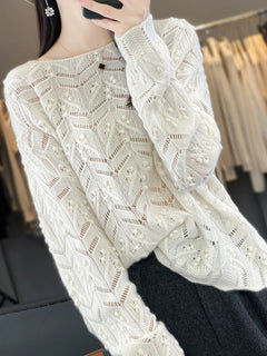 2024 Streetwear Women Cashmere Sweater 100% Merino Wool Knitted Hollow Pullover O-Neck Long-Sleeved Fashion Top  Autumn Winter