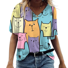 Women's T-shirt Cartoon Cat Print Summer Short Sleeve V-Neck Kawaii Fashion Casual Tee Shirts With Cat Funny Femininity Clothing