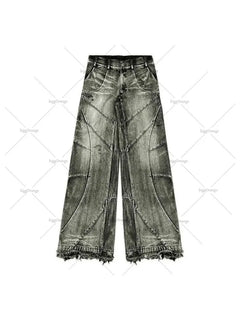 Y2k Fashion New American Tassel Black And Gray Washed Jeans Men Street Gothic Punk Style Teenagers Retro Loose Wide-leg Pants